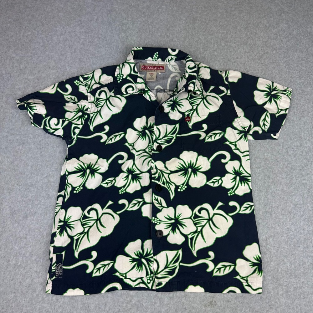 Quiksilver Kids L/G 7 Navy Blue Hibiscus Floral Short Sleeve‎ Button Up Shirt